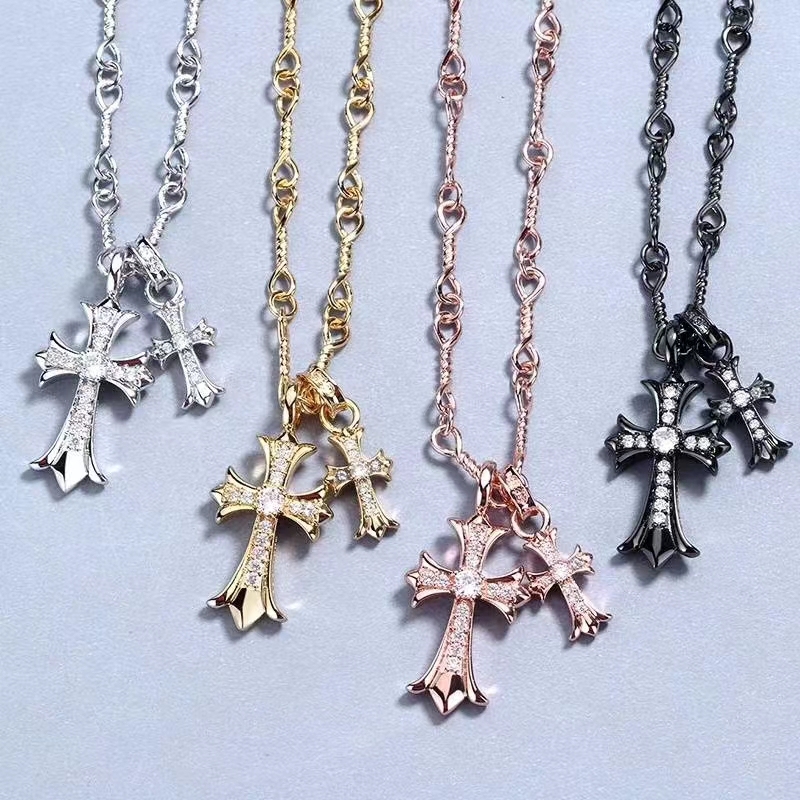 Double Cross Pendant Necklaces With Crystal Stones Vintage Gothic Punk Hiphop Antique Designer Luxury Jewelry Accessories