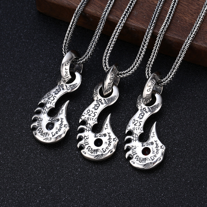 925 Sterling Silver Graffiti Hook Pendant Necklaces With Stone Vintage Gothic Punk Hiphop Antique Designer Luxury Jewelry Accessories