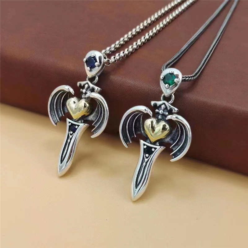 925 Sterling Silver Sword Wings Heart Pendant Necklaces Vintage Gothic Punk Hiphop Antique Designer Luxury Jewelry Accessories