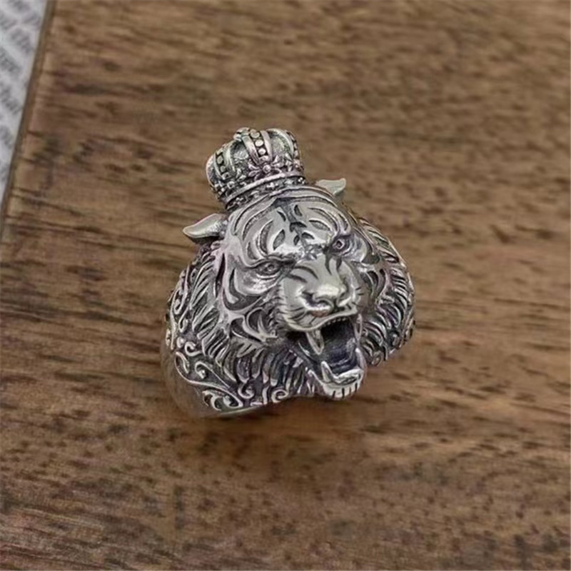 925 Sterling Silver Crown Tiger  Adjustable Band Rings Vintage Gothic Punk Antique Designer Luxury Jewelry Accessories
