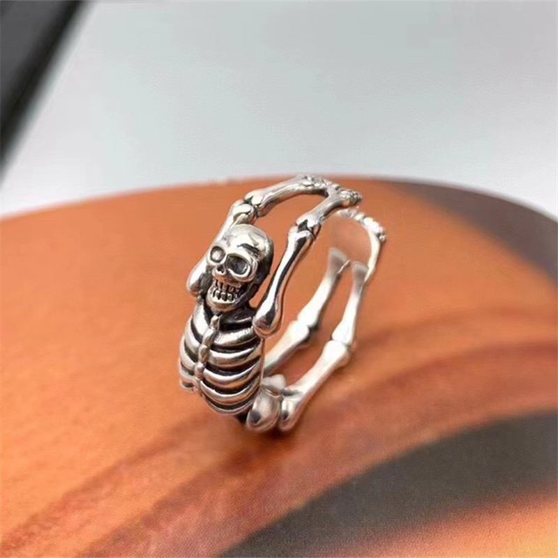 925 Sterling Silver Skull Skeleton Adjustable Band Rings Vintage Gothic Punk Antique Designer Luxury Jewelry Accessories