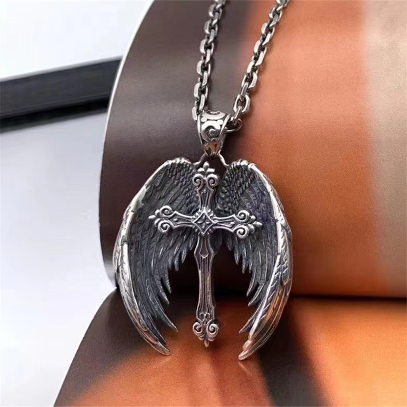 925 Sterling Silver Cross Wings Pendant Necklaces Vintage Gothic Punk Hiphop Antique Designer Luxury Jewelry Accessories
