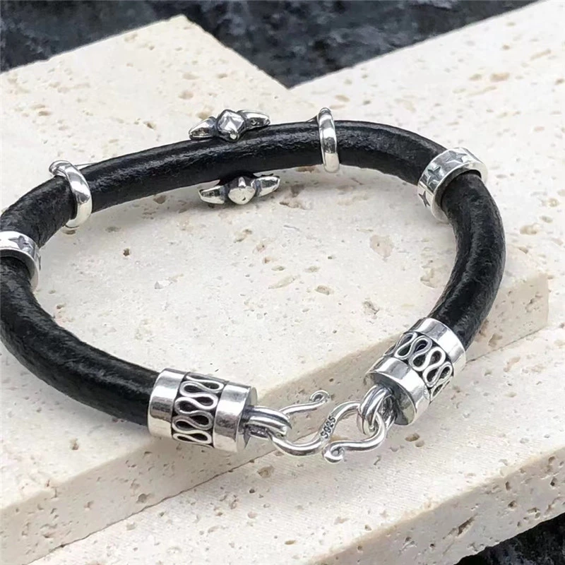 925 Sterling Silver Cross Charm Leather Cord Bracelets Antique Gothic Punk Jewelry Accessories With S Hook Clasps