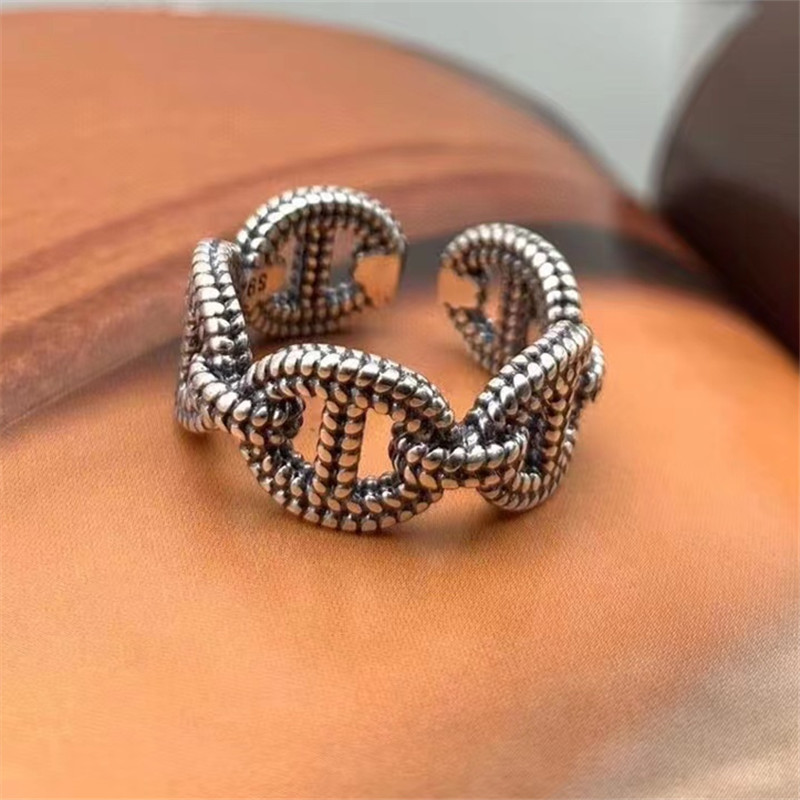 925 Sterling Silver Pig Nose Links Adjustable Band Rings Vintage Gothic Punk Antique Designer Luxury Jewelry Accessories