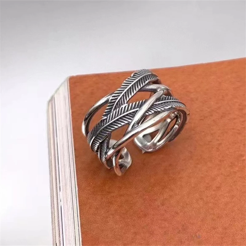 925 Sterling Silver Braided Crossed feather Adjustable Band Rings Vintage Gothic Punk Antique Designer Luxury Jewelry Accessories