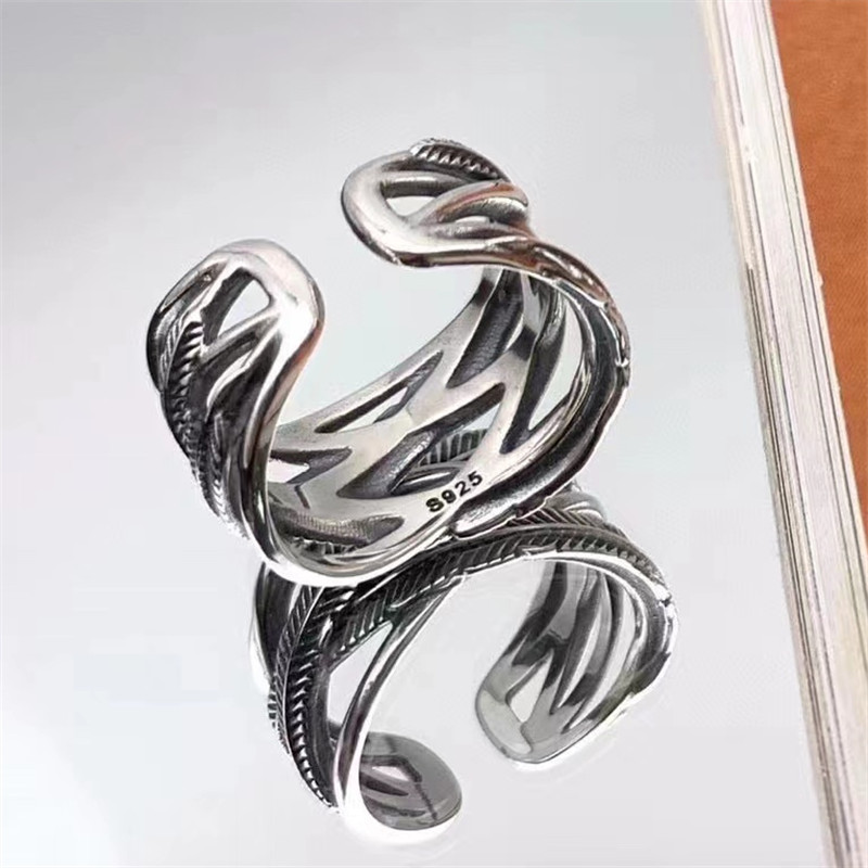 925 Sterling Silver Braided Crossed feather Adjustable Band Rings Vintage Gothic Punk Antique Designer Luxury Jewelry Accessories