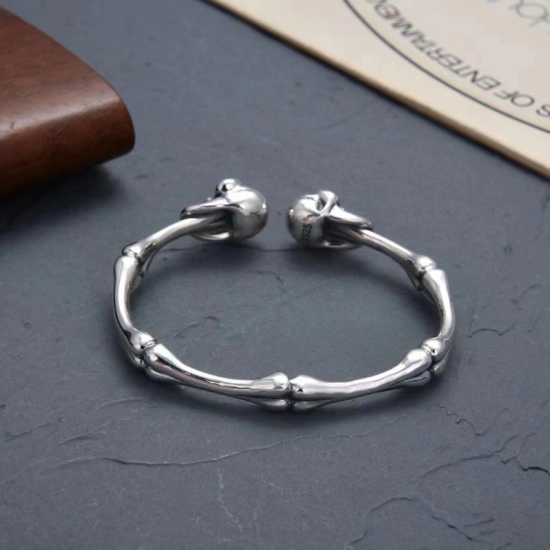 925 Sterling Silver Skull Skeleton Bangle Bracelets Antique Gothic Punk Jewelry Accessories