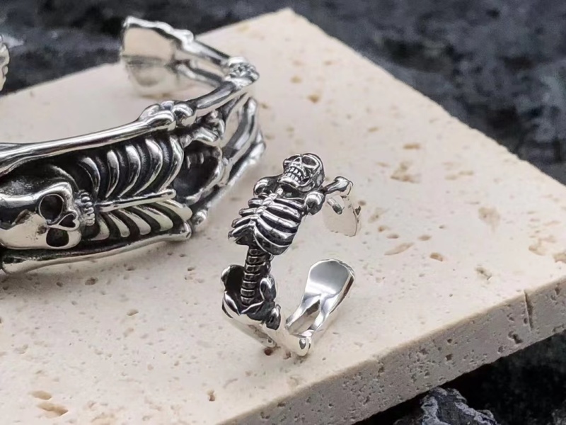 925 Sterling Silver Skull Skeleton Bangle Bracelets and adjustable ring Antique Gothic Punk Jewelry Accessories