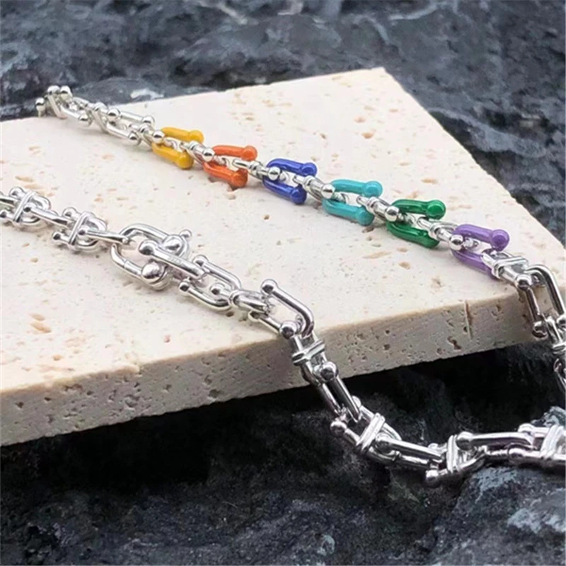 925 Sterling Silver U type Link Chain Necklaces With Enamel Vintage Gothic Punk Hiphop Antique Designer Luxury Jewelry Accessories
