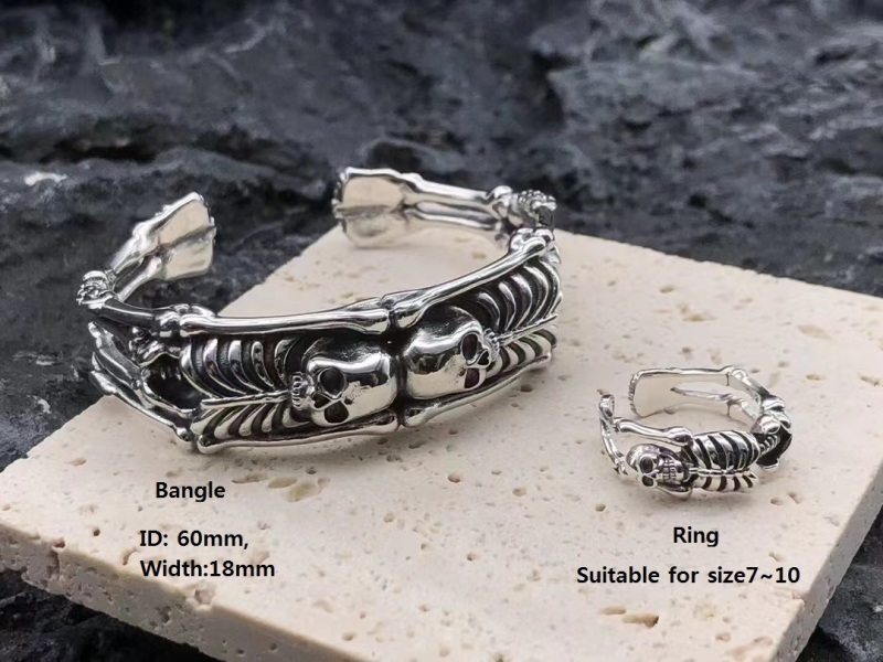 925 Sterling Silver Skull Skeleton Bangle Bracelets and adjustable ring Antique Gothic Punk Jewelry Accessories