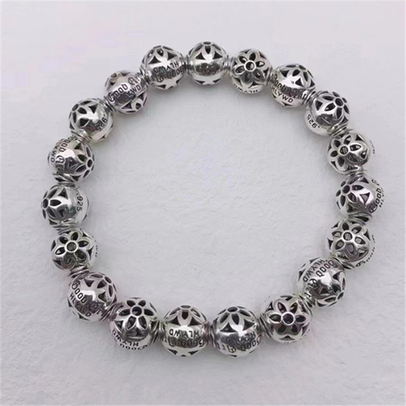 925 Sterling Silver Flower ball beaded Elastic Bracelets Antique Gothic Punk Jewelry Accessories