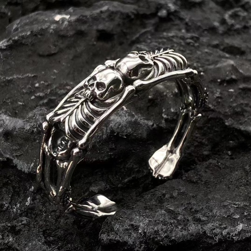 925 Sterling Silver Skull Skeleton Bangle Bracelets and adjustable ring Antique Gothic Punk Jewelry Accessories