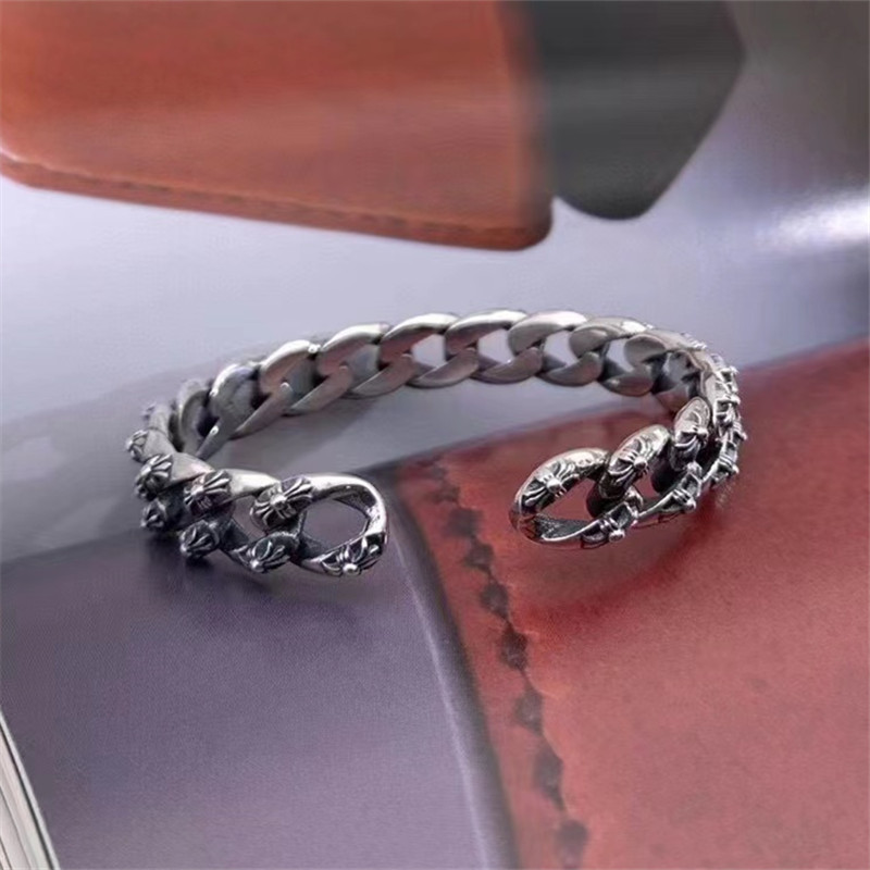 925 Sterling Silver Crosses Link Chain Bangle Bracelets Antique Gothic Punk Jewelry Accessories