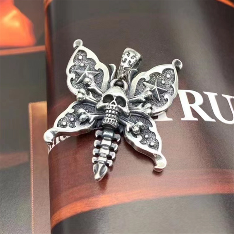 925 Sterling Silver Skull Butterfly Pendant Necklaces Vintage Gothic Punk Hiphop Antique Designer Luxury Jewelry Accessories