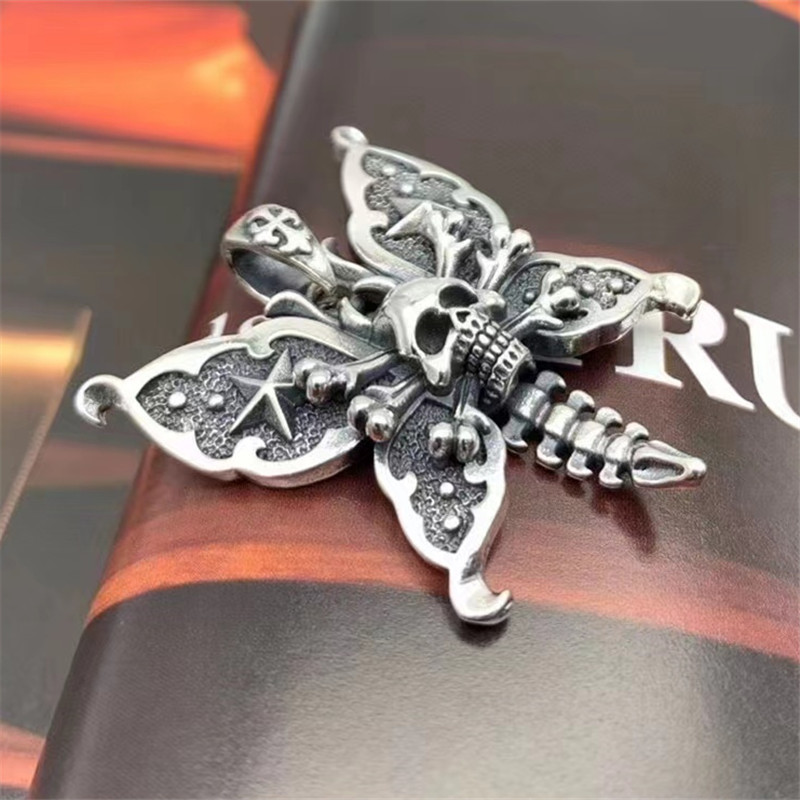 925 Sterling Silver Skull Butterfly Pendant Necklaces Vintage Gothic Punk Hiphop Antique Designer Luxury Jewelry Accessories