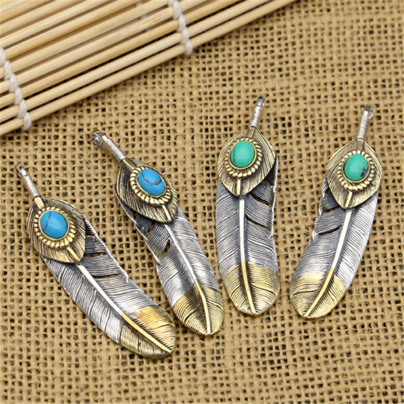 925 Sterling Silver Feather Pendant Necklaces With Turquoise Stones Vintage Gothic Antique Designer Luxury Jewelry Accessories