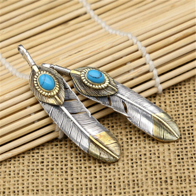 925 Sterling Silver Feather Pendant Necklaces With Turquoise Stones Vintage Gothic Antique Designer Luxury Jewelry Accessories