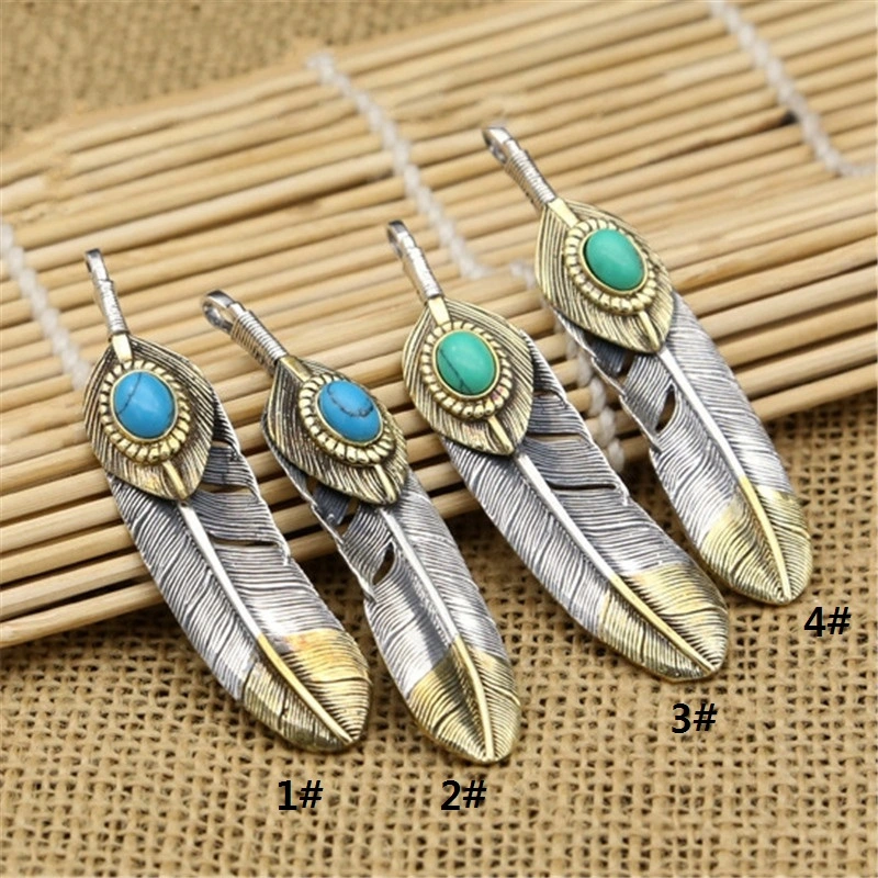 925 Sterling Silver Feather Pendant Necklaces With Turquoise Stones Vintage Gothic Antique Designer Luxury Jewelry Accessories