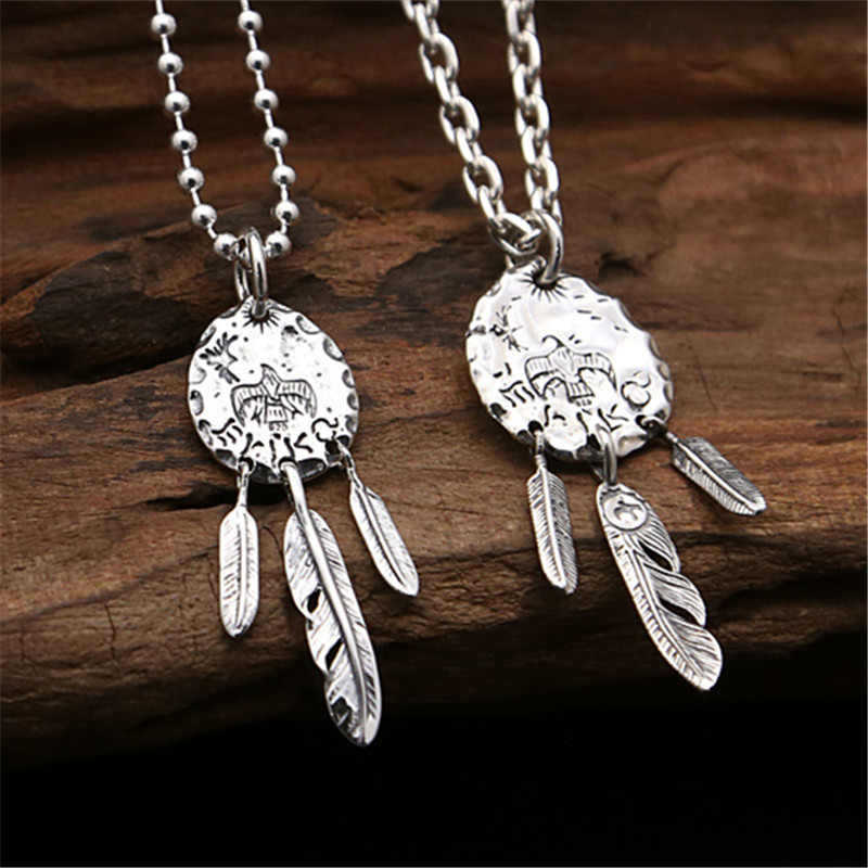 925 Sterling Silver Feather Tassels Pendant Necklaces Vintage Gothic Punk Hiphop Antique Designer Luxury Jewelry Accessories