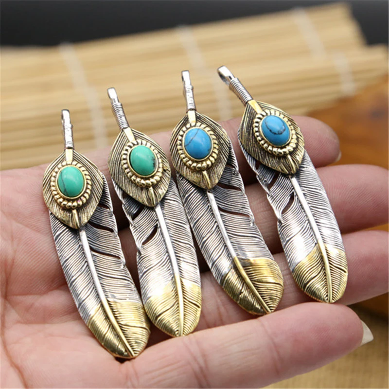 925 Sterling Silver Feather Pendant Necklaces With Turquoise Stones Vintage Gothic Antique Designer Luxury Jewelry Accessories