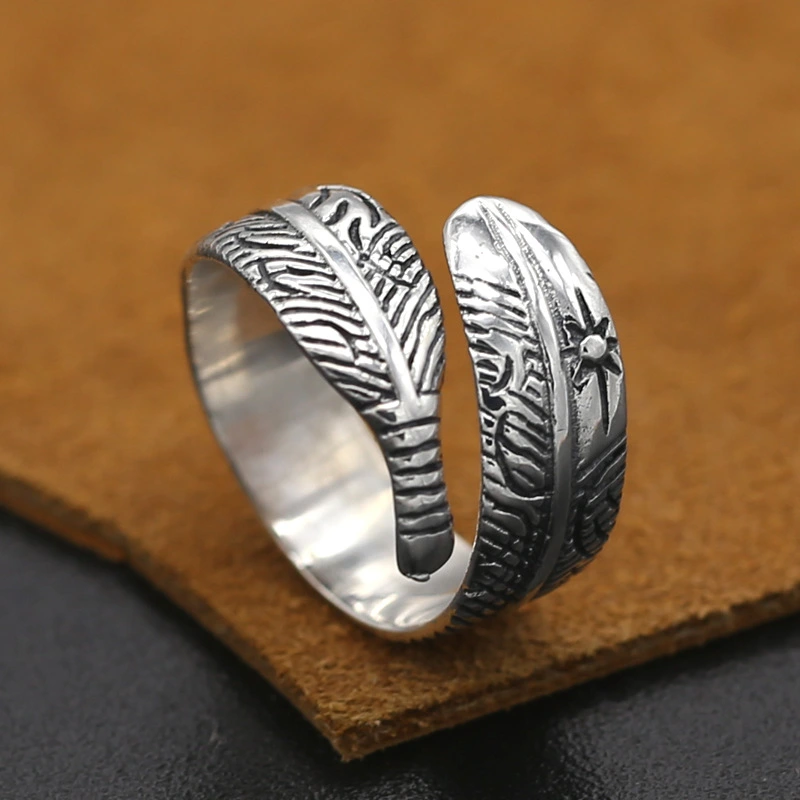 925 Sterling Silver Feather Adjustable Band Rings Vintage Gothic Punk Antique Designer Luxury Jewelry Accessories