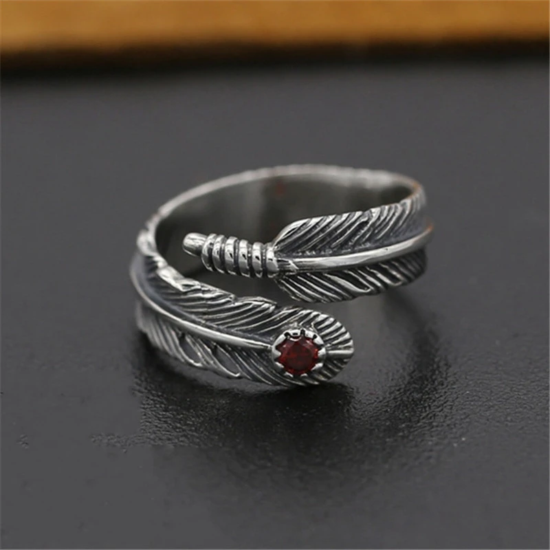 925 Sterling Silver Feather Adjustable Band Rings With Red Stone Vintage Gothic Punk Antique Designer Luxury Jewelry Accessories