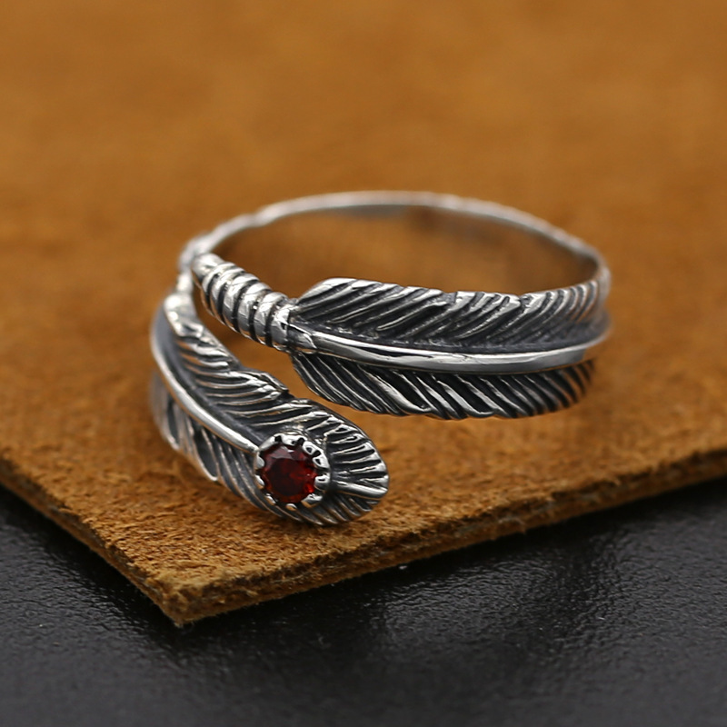 925 Sterling Silver Feather Adjustable Band Rings With Red Stone Vintage Gothic Punk Antique Designer Luxury Jewelry Accessories