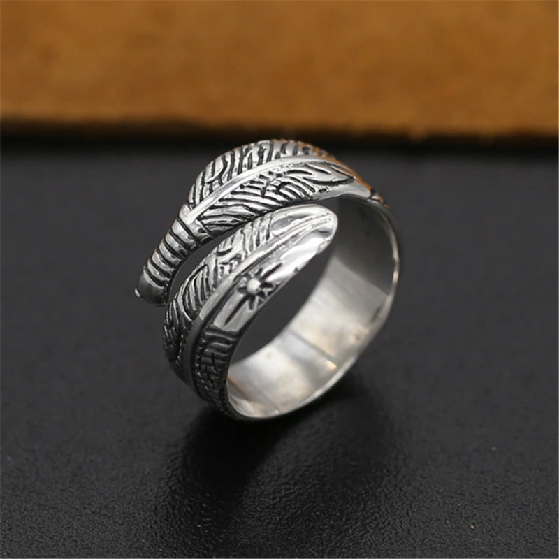 925 Sterling Silver Feather Adjustable Band Rings Vintage Gothic Punk Antique Designer Luxury Jewelry Accessories