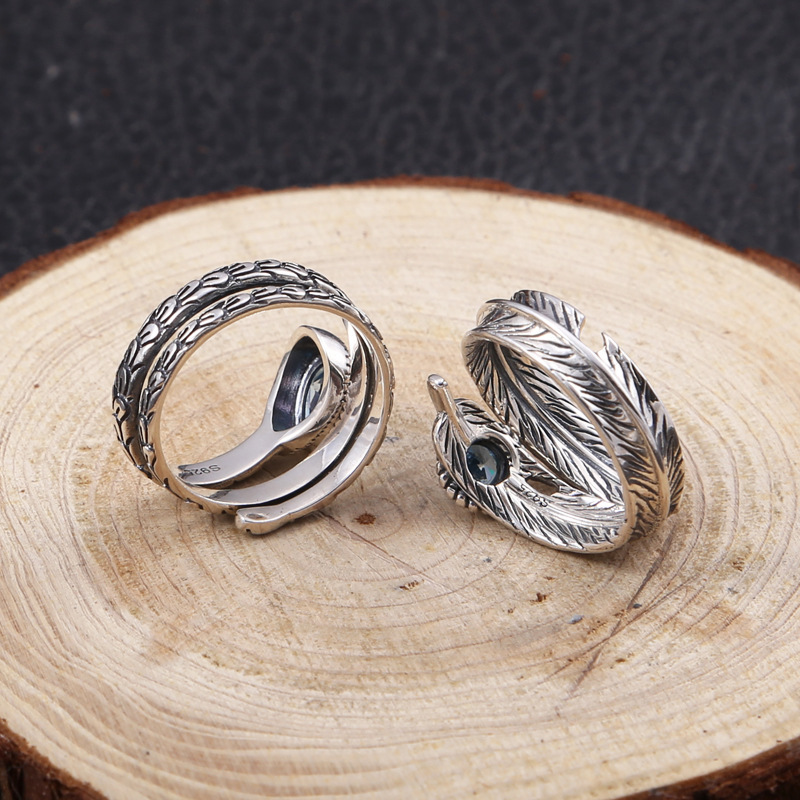 925 Sterling Silver Adjustable Band Rings Crooked Feather With Stone Vintage Gothic Punk Antique Designer Luxury Jewelry Accessories