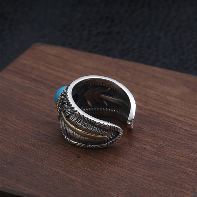 925 Sterling Silver Adjustable Band Rings Feather With Round Turquoise stone Vintage Gothic Punk Antique Designer Luxury Jewelry Accessories