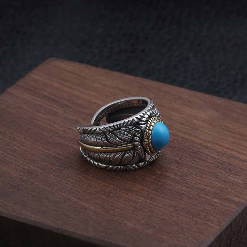 925 Sterling Silver Adjustable Band Rings Feather With Round Turquoise stone Vintage Gothic Punk Antique Designer Luxury Jewelry Accessories