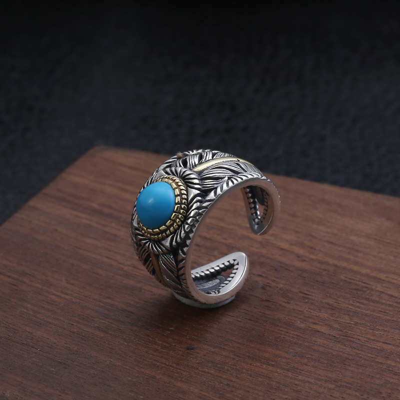 925 Sterling Silver Adjustable Band Rings Feather With Round Turquoise stone Vintage Gothic Punk Antique Designer Luxury Jewelry Accessories