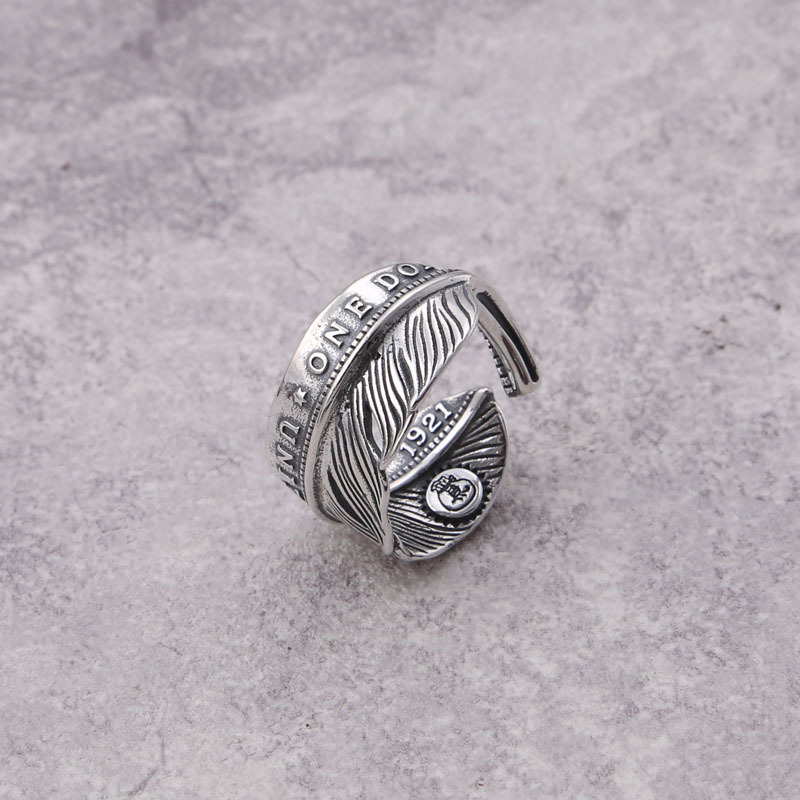 925 Sterling Silver Adjustable Band Rings Feather With Letters Vintage Gothic Punk Antique Designer Luxury Jewelry Accessories