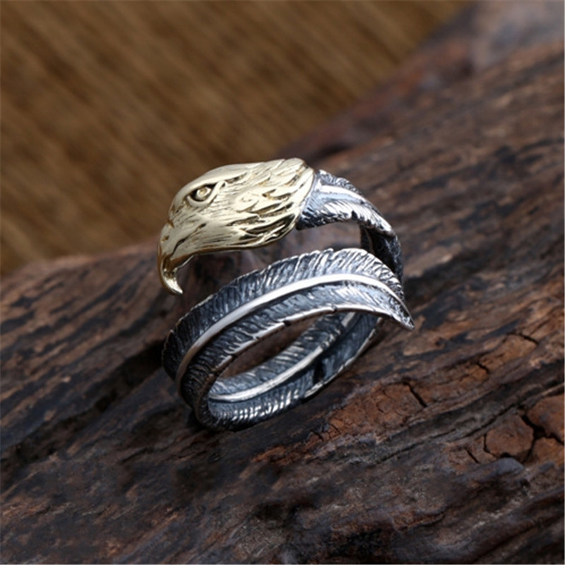 925 Sterling Silver Adjustable Band Rings Crooked Feather Eagle Head Vintage Gothic Punk Antique Designer Luxury Jewelry Accessories