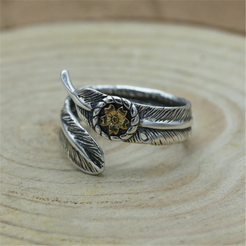 925 Sterling Silver Feather Adjustable Band Rings With Golden Flower Vintage Gothic Punk Antique Designer Luxury Jewelry Accessories