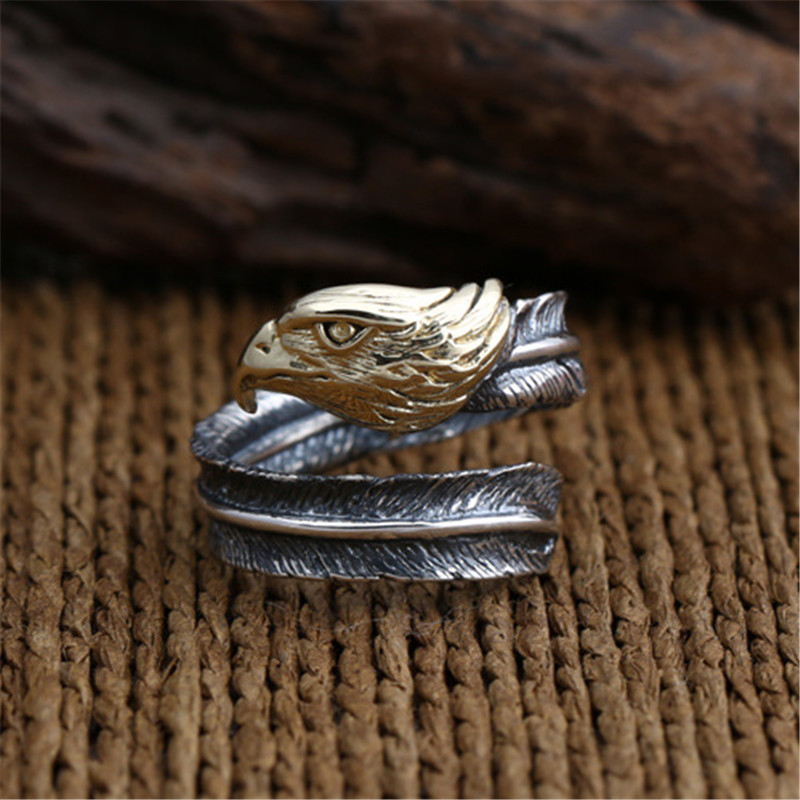 925 Sterling Silver Adjustable Band Rings Crooked Feather Eagle Head Vintage Gothic Punk Antique Designer Luxury Jewelry Accessories