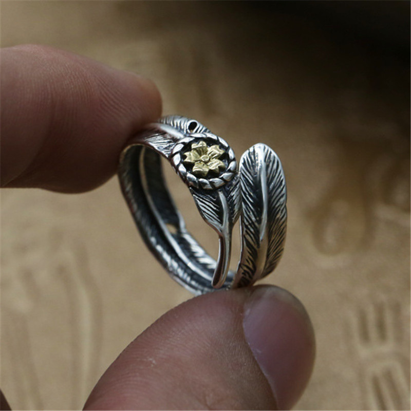 925 Sterling Silver Feather Adjustable Band Rings With Golden Flower Vintage Gothic Punk Antique Designer Luxury Jewelry Accessories