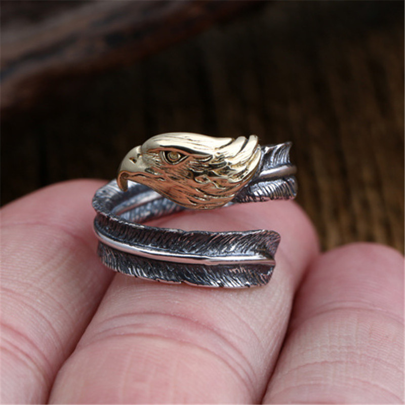 925 Sterling Silver Adjustable Band Rings Crooked Feather Eagle Head Vintage Gothic Punk Antique Designer Luxury Jewelry Accessories
