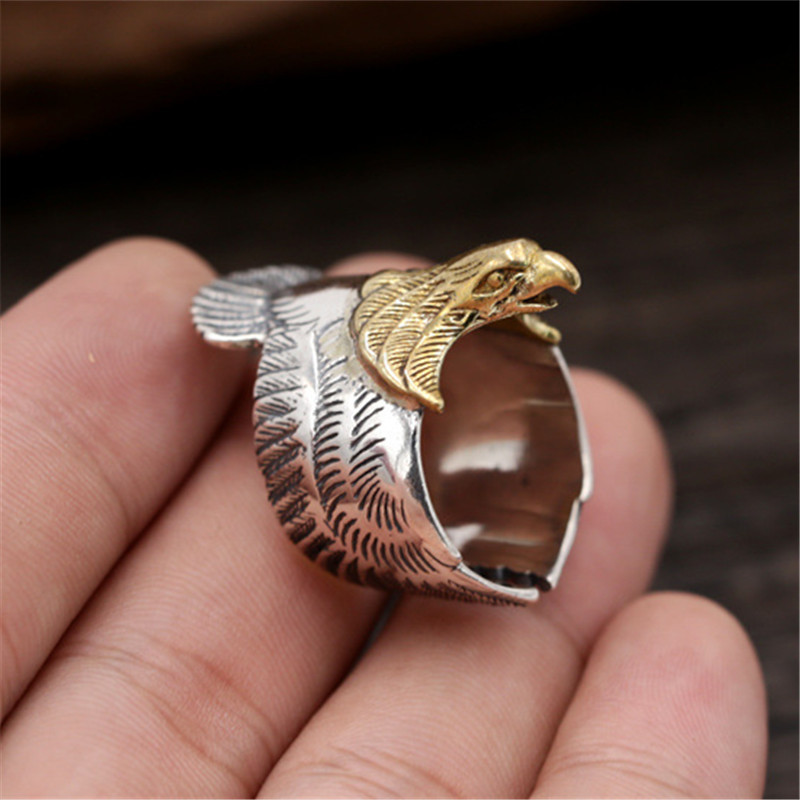 925 Sterling Silver Adjustable Band Rings Eagle With Goldend Head Vintage Gothic Punk Antique Designer Luxury Jewelry Accessories