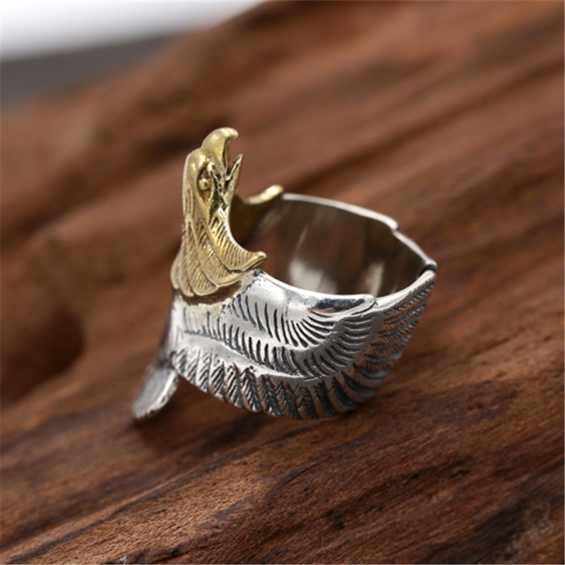 925 Sterling Silver Adjustable Band Rings Eagle With Goldend Head Vintage Gothic Punk Antique Designer Luxury Jewelry Accessories