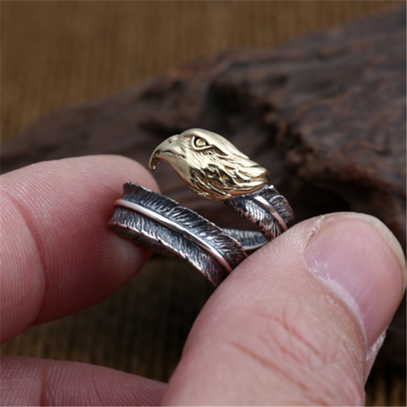 925 Sterling Silver Adjustable Band Rings Crooked Feather Eagle Head Vintage Gothic Punk Antique Designer Luxury Jewelry Accessories