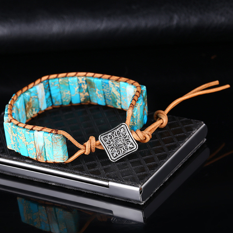 Blue Gem Stone Beaded Strands Friendship Bracelets Adjustable Braided Natural Square Beads Leather Cords Fashion Jewelry Accessories Gifts