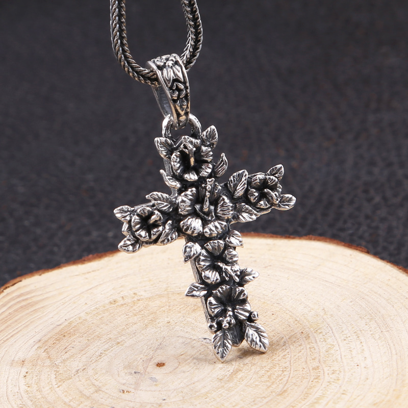 925 Sterling Silver Pendant Necklaces Flower cross Vintage Gothic Punk Hiphop Antique Designer Luxury Jewelry Accessories