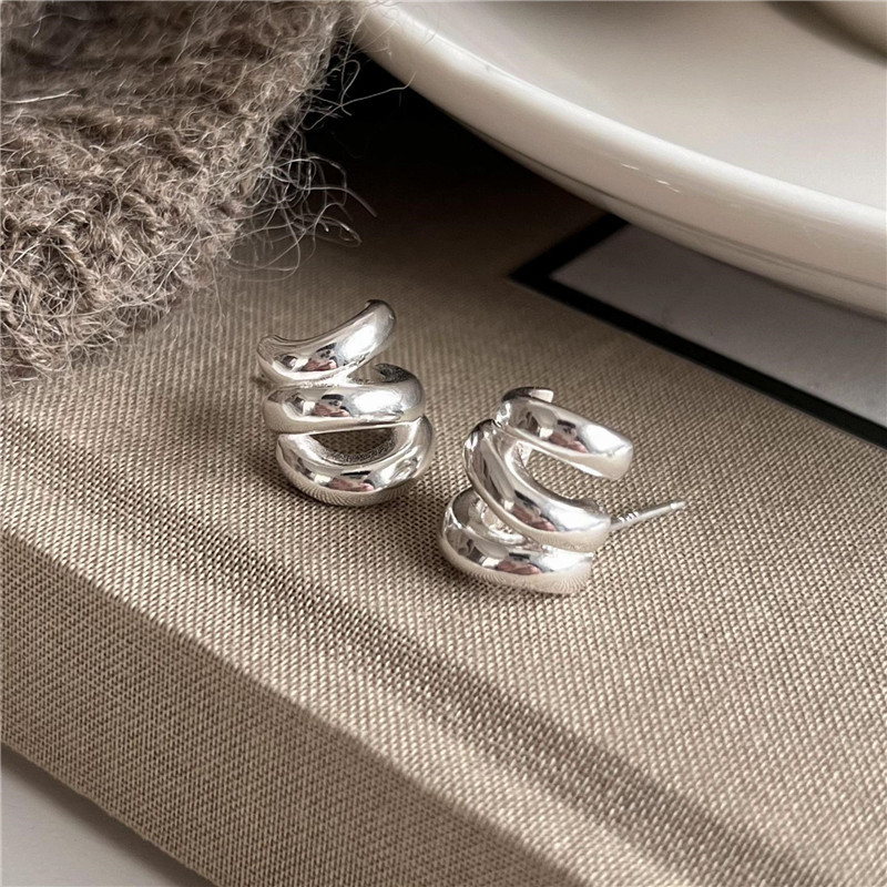 925 Sterling Silver Stud Earring Ripple Minimalism Vintage Designer Luxury Jewelry Accessories