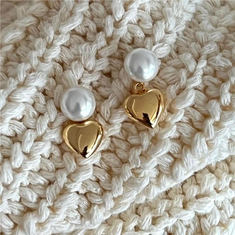 925 Sterling Silver Pearl Stud Heart Dangle Earring Minimalism Vintage Designer Luxury Jewelry Accessories