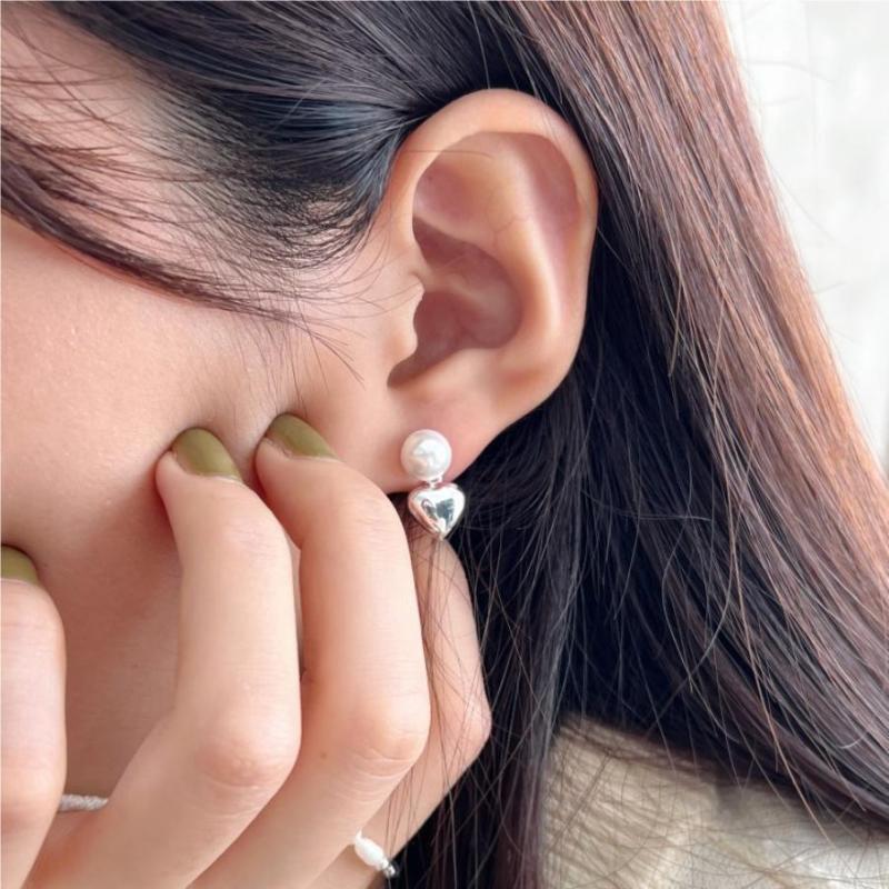 925 Sterling Silver Pearl Stud Heart Dangle Earring Minimalism Vintage Designer Luxury Jewelry Accessories