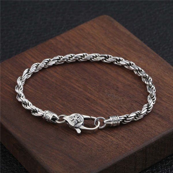 925 Sterling Silver Twisted Link Chain Bracelets 4mm  Antique Gothic Punk Hip-hop Designer Handmade Luxury Jewelry Accessories