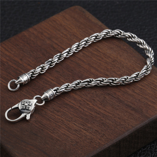 925 Sterling Silver Twisted Link Chain Bracelets 4mm  Antique Gothic Punk Hip-hop Designer Handmade Luxury Jewelry Accessories