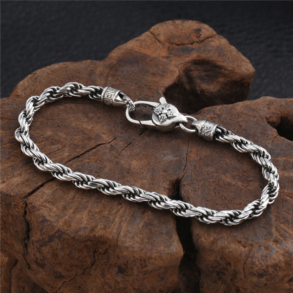 925 Sterling Silver Twisted Link Chain Bracelets 4mm  Antique Gothic Punk Hip-hop Designer Handmade Luxury Jewelry Accessories