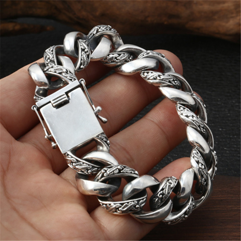 Solid 925 Sterling silver Men's Link Chain Bracelets Feather leaves 17mm Antique Vintage Punk Handmade Fashion Luxury Jewelry Accessories Gifts